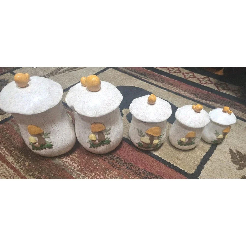Vintage Arnel’s Merry Mushroom Canisters Lids Ceramic Set 11 Pieces